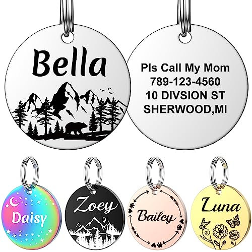 Hundemarke mit Gravur, YEHANTI Dog Tag Personalisiert mit Name, Telefonnummer und Verschiedene Muster für Hunde Katzen, Rund Edelstahl Adressanhänger Marke für Hundehalsband (Mittel, Silber)