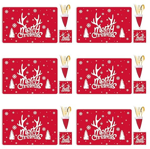 Fox·Bunny Table decor - 18Pcs Placemats Coasters Cutlery set, Placemats Sets, Table Mats, Home Table Mats, Washable Heat Proof Table Mats, 18pcs Red Xmas Placemat Set x D