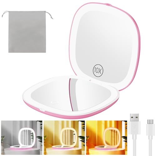Gospire 3.9 Wiederaufladbar Taschenspiegel mit 1X/10X Vergrößerung, 3 Lichtfarben & Einstellbarer Helligkeit, Reisespiegel Klein Schminkspiegel Klappbar Taschenspiegel für Frauen Mädchen, Peppa Rosa