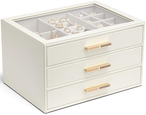 VLANDO Jewelry Box for Women, Glass Lid Jewelry Organizer with 3 Drawers for Necklaces Rings Earrings Bracelets Mother Day Gift for Mom - Cloud White