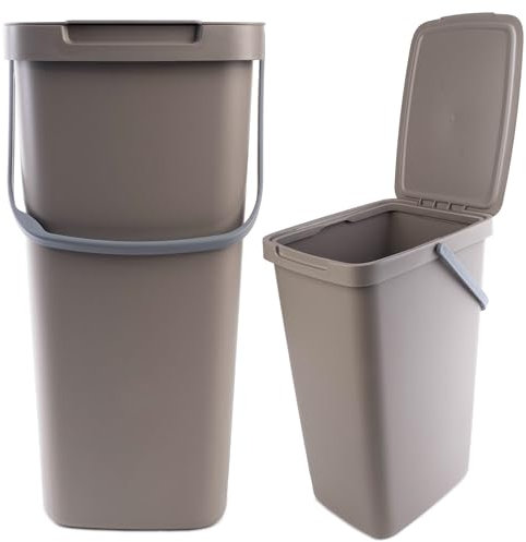 KADAX Abfallbehälter mit Deckel und Griff, Abfalleimer aus Plastik, Mülleimer für die Mülltrennung, Rechteckiger Abfallsammler mit Klappdeckel (Braun, 20L)