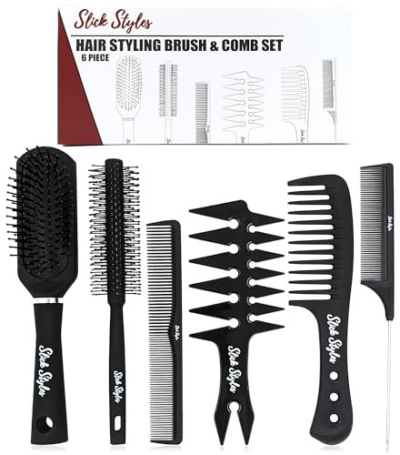 Slick Styles Mens Hair Styling Set - 6 Piece Including Paddle Brush, Rat Tail Comb, Texture Comb, Quiff Roller
