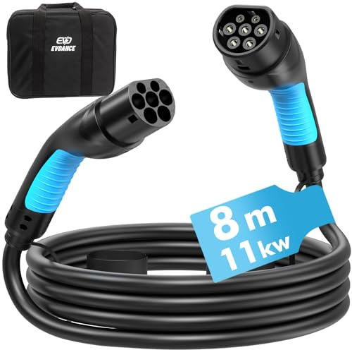 EVDANCE Type 2 EV Charging Cable, 16A | 11kW | 8m/26.24ft | 3 Phase | Type 2 to Type 2, Electric Vehicle Car Plug-in Fast Charging Cable for Model S/X/Y/3, 330e, i3, Kuga, Ionic, ZS, Kona & More