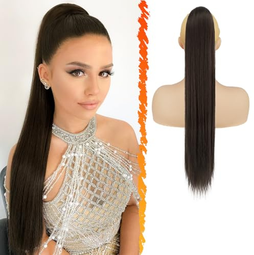 BARSDAR Marrón Cola de Caballo Extensiones, 66cm Largo Liso Coleta Postiza Pelo con Cordón Sintetico Clip in Ponytail Postizos Liso Extensiones de Pelo Coleta para Mujer Diaria - Marrón oscuro