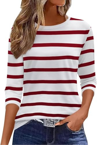 Arevill T-shirt da donna con maniche a 3/4 girocollo basic casual top a righe/tinta unita/stampa camicie, Rosso/Bianco, XL