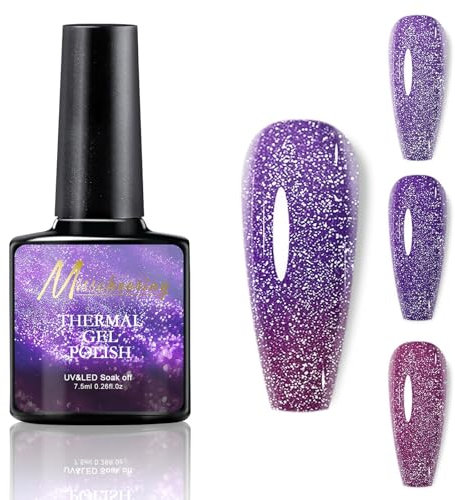 Thermal UV Gel Nail Polish - Purple to Pink Color-Changing with Glitter and Shimmer - Long-Lasting Reflective Polish for Women