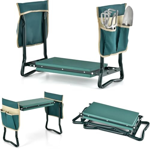 FANTASK Taburete Plegable 2 en 1 para jardinería, Taburete de jardín con 2 Bolsillos para Herramientas, Taburete de Trabajo de jardín con Acolchado Eve para Rodilleras, soporta hasta 150 kg