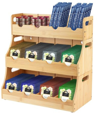 SHAIDOJIO Boite A The en Bambou Verticale, Boite À Thé Empilable à 3 Niveaux, Organisateur de Mural Sachets de Thé avec 12 Compartiments Amovibles pour Le Rangement des Sachets de Thé Café Sucre