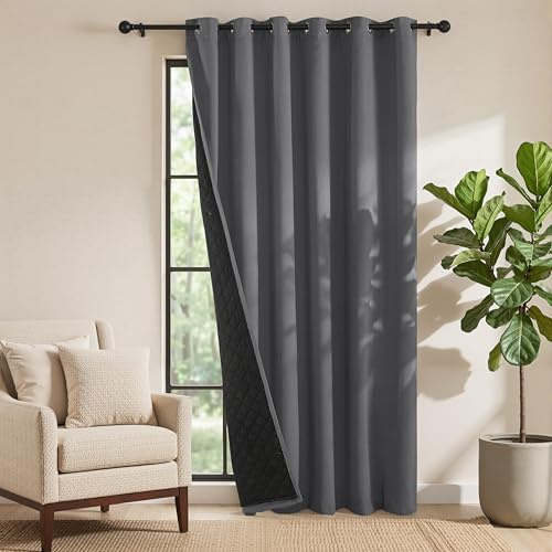 PONY DANCE Cortinas 100% Blackout de Doble Capa de Salon/Dormitorio, Curtains Termicas Aislantes Frio y Calor con Forro Negro para Puerta con Ojales,200x210cm,Gris
