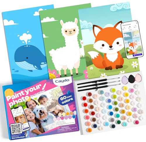 Caydo 3 Pack Custom Paint by Numbers Kit for Kids, Turn Your Photo into A3 Paint Templates in 5 Minutes via App with 60-Color Acrylic Set and 3 Blank Canvases for Craft Gift & Home Activity(No Frame)