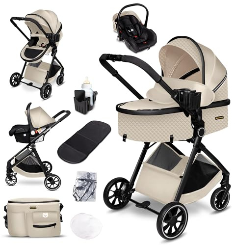GaGaDumi SoHo Passeggino 3 in 1 – Certificato TÜV, Seggiolino Auto i-Size, Ultraleggero (6,8 kg), con Parapioggia, Zanzariera, Borsa Fasciatoio, Cestino, Portabibite – Perfetto per Città e Campagna