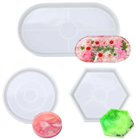 Shuqio 3 moldes de silicona para fundición, posavasos de resina epoxi, moldes para manualidades, decoración, hexagonal, redondo, ovalado, bandeja de silicona