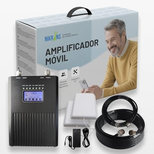 Nikrans Amplificador de Señal Móvil para Llamadas, 3G, 4G, 5G – Hexabanda (700/800/900/1800/2100/2600 MHz) – Cobertura hasta 300 m² – Compatible con Todos los Operadores – CE y RoHS