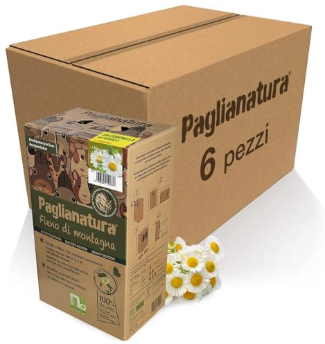 Paglianatura Lot de 6 pièces – Paille de foin de montagne 600 g avec distributeur de camomille – Nourriture naturelle et aromathérapie pour lapins et rongeurs