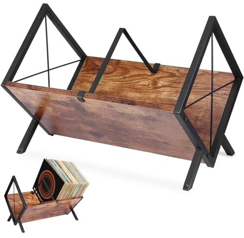 Expositor Discos Vinilo con Separador Antideslizante Movable, Estanteria Vinilos Estructura de Madera y Soporte Metálico Multifuncional, Porta Almacenamiento para Disco, CD, Álbumes, Revistas y Libros