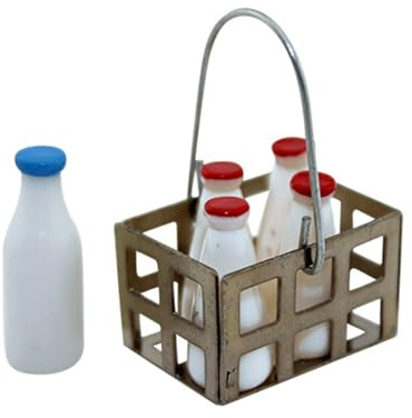 Tmboryuu Juego de 5 botellas de leche en miniatura y cesta para casas de muñecas, cocina, comedor, restaurante y camping, decoración de casas de muñecas