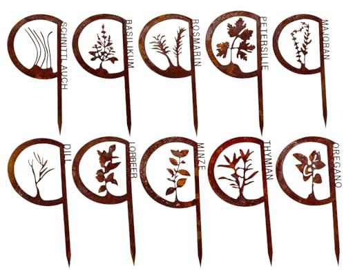 WRQIOO 10er Set Kräutergarten Schild, Kräuterschilder Wetterfest, Pflanzenstecker, Kräuterstecker, Schilder für Kräutergarten, Kräuter Schilder, Rost Deko Garten für Terrasse Oder Balkon