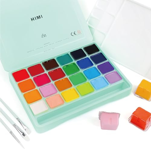 HIMI Gouache Set 24 Colori 30 ml Kit di Pittura a Guazzo con Pennelli Non Tossici Unico di Tazza di Gelatina Portatile Colori Gouache con Tavolozza per Artisti Studente