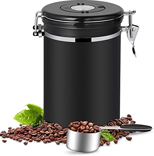 Dreamhigh® Hermetisk kaffebönor 1 kg - kaffebehållare i rostfritt stål med mätsked - svart, 2800 ml