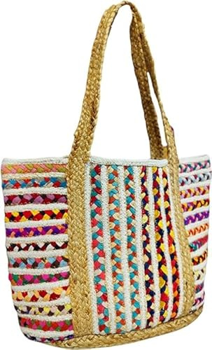 SHIVERO HOMES Jute Cotton Straw Beach Bags Buckets Handbag Shoulder Bag Tote Bag for Women Organizer Bag Natural Fiber Hand Woven Storage Handbags Multicolor