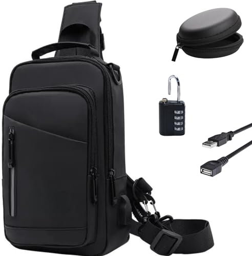 Bumaby Bolso Bandolera Impermeable para Hombre y Mujer. Antirrobo Con Puerto USB. Mochila Cruzada y Bolso de Pecho para Uso Diario y Viaje. Mochila Pequeña. (Negro)