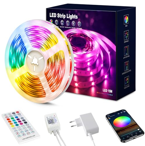 Beaeet Striscia LED 15 Metri, Luci LED 5050 RGB per Camera, con Telecomando a 40 Tasti e Controllo tramite APP Bluetooth, Ideale per Natale, Matrimoni e Feste (15m*1)