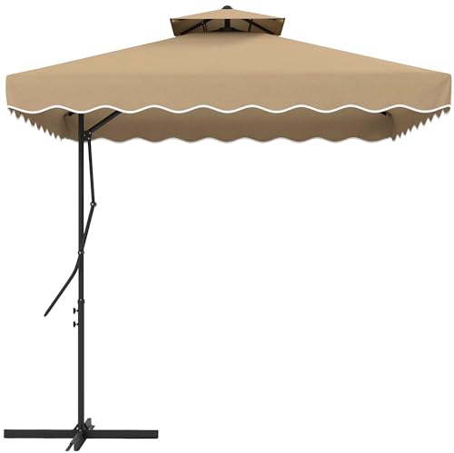 Outsunny Ombrellone Decentrato 2.5x2.5 m con Apertura a Manovella, Base a Croce e Balze, Ombrellone da Giardino con Doppio Tetto in Metallo e Poliestere 160 g/㎡, Protezione UV, Cachi
