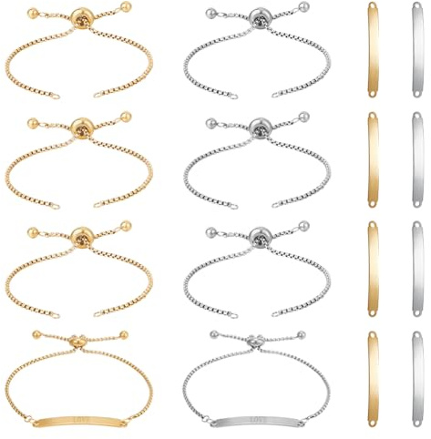 UNICRAFTALE 8 Sets 2 Colors DIY Stamping Blank Rectangle Slider Bracelet Making Kit Engravable Blank Tags Links Stainless Steel Slider Bracelets Golden Links Connectors for Summer Gifts
