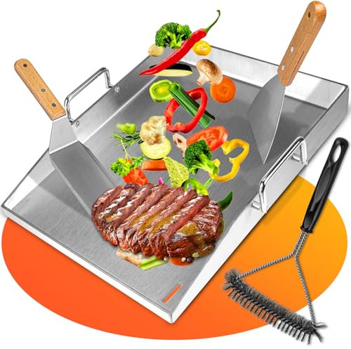 40 x 30 x 4 cm Plancha Plaque de cuisson, avec 2 spatules & Brosse pour barbecue, en acier inoxydable de 4 mm d'épaisseur, avec poignée amovible, Convient pour barbecue à gaz et barbecue à charbon
