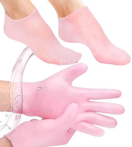 2 Pairs Pink Silicone Moisturizing Glove Socks Set,Anti Slip Soft Silicone Socks Glove for Repairing Dry Feet Hand,Silic-one Socks for Moisturising Feet,Reusable Moisturiser So-CKS Glo-ve for Women