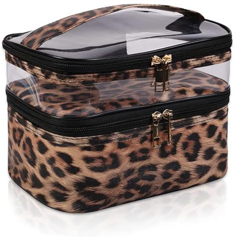 Large Capacity Travel Cosmetic Bag, Leopard Print Makeup Bag Waterproof Double Layer Makeup Bags, Flat Lay Makeup Bag Portable Toiletry Bag with Compartment for Men Women (Black)