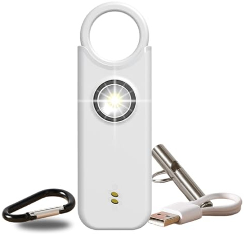 Alarme Personnelle Femme 135 DB Ultra Puissante, Kit Auto Défense avec Sifflet Urgence + Détecteur Porte/Fenêtre, Rechargeable USB-C, Lampe LED, Blanc