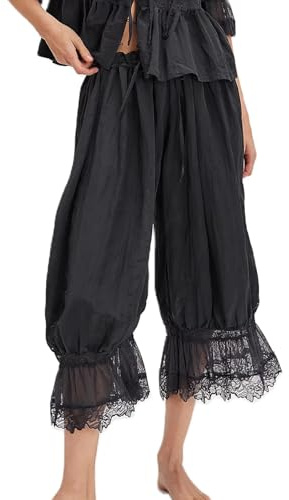 ThiCc Pantalones largos para mujer, pantalones victorianos con ribete de encaje, cintura elástica Y2K, pantalones de calabaza con volantes, cómodos, para descansar, tiro medio, capri para el hogar