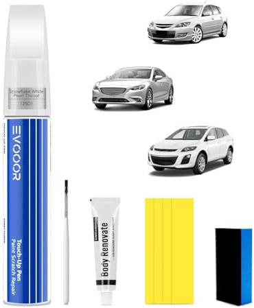 EVOOOR (25D Snowflake White Perla Tricapa Kit de retoque de pintura para automóvil 2 en 1 con removedor de arañazos para Mazda, Reparación de arañazos para auto, Solución rápida y fácil para reparar