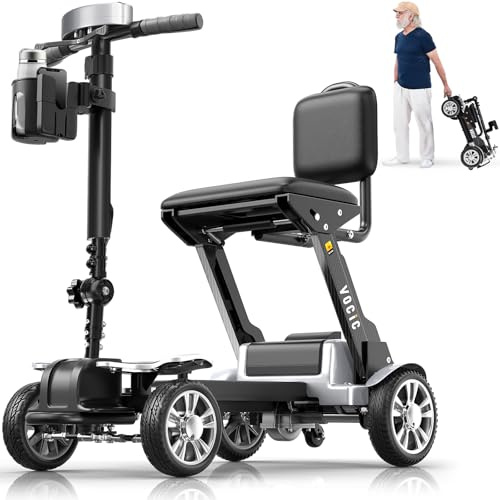 VOCIC D71 Ultralight Carbon Fibre Mobility Scooters for Seniors 21KG, 12.5 Miles, 4 Wheel Foldable Mobility Scootes for Travel with Length-Adjustable Frame, Airline Approved With UK Plug Sliver)