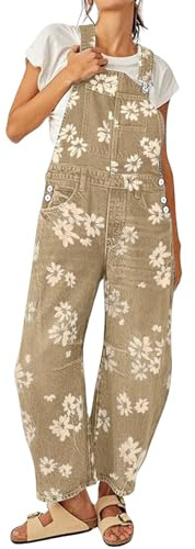 loveimgs Women Floral Print Denim Overalls Baggy Barrel Jeans Patchwork Denim Pants Y2k Straps Wide Leg Jumpsuit One Piece (Large,Khaki)
