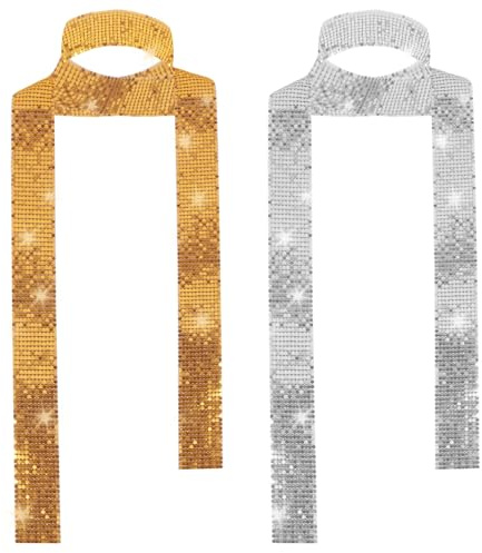 Wsetyy 2Pcs Sequin Scarf Skinny, Neckerchief for Women, Sparkle Neck Scarf for Evening Party Nightclub Wedding Abba Accessories (Gold + Silver)