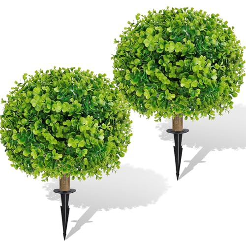 TIMBERHIDE Set of 2 Artificial Boxwood Topiary Ball Bush for Outdoor with Spike,UV Resistant Faux Boxwood Ball Tree with Stake,Weatherproof Fake Round Topiary Shrub Plant for Front Porch Planter
