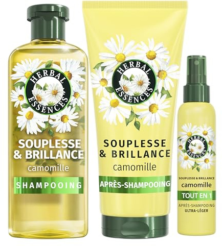 Herbal Essences Smoothness & Shine Routine Camomille Avec 250ml Shampooing, 200ml Conditioner Et 145ml Spray Léger Tout-en-un, Cheveux Bouclés et Ternes Plus Flexible et Brillant