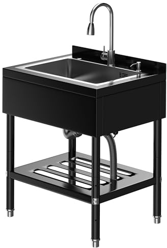 Stainless Steel Utility Sink, 31.1 × 22 × 37.8 Freestanding Laundry Tub for Kitchen, Bathroom, Garage, Basement | Includes Hot/Cold Plumbing, Hoses & Drain Kit