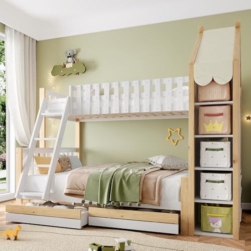 Fppuueg Letto a Castello per Bambini 90x200 cm & 140x200 cm con Forma di Casetta e Scaffalature Aperte, Letto Casetta per Bambini con 2 Cassetti e Scala, Bianco e Naturali, Senza Materasso