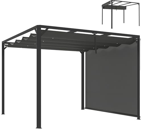 Outsunny Pérgola de Jardín 3x3 m con Techo Retráctil, Pared Lateral Enrollable y Estructura de Aluminio, Cenador de Jardín con UPF30+, Pabellón para Exterior, Patio, Terraza, Gris Oscuro