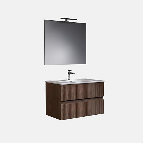 Mobile bagno SILVAE 80cm Doppio Cassetto Cannettato con lavabo, specchio e lampada ROVERE SCURO – MaMa Store