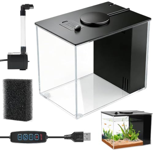 Kit de démarrage pour aquarium 3,7 l - Petit aquarium Betta en acrylique avec pompe filtrante et couvercle et éclairage LED - Pour petits poissons et crevettes
