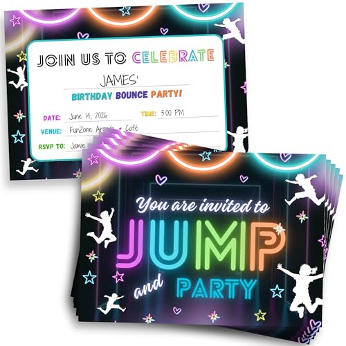 Jump Party Invitations – 12 Pack Neon Trampoline & Bounce Party Invites – Double Sided 350gsm Card – 6x4 Inch A6 Kids Boys Girls Birthday Party Invitation Card