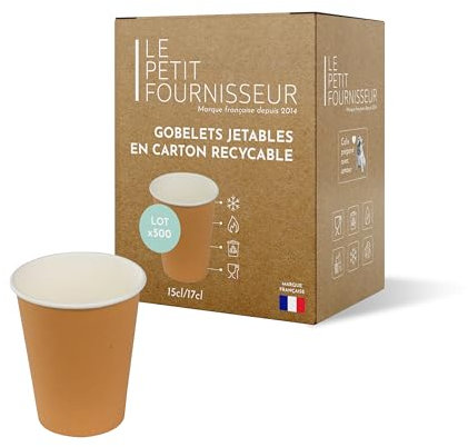 LPF LE PETIT FOURNISSEUR - Lot de 500 Gobelets jetables en Carton Kraft 15-17cl - Recyclable et Biodégradable - Gobelets café, thé, boissons chaudes et froides - Résistant à la chaleur - Couleur Brun