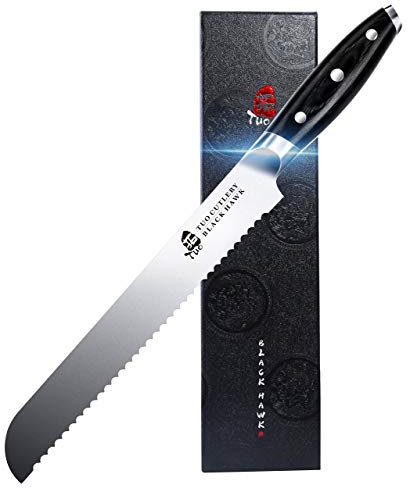 TUO Bread Knife, 9 inch Serrated Bread Cutting Knife, Multifunction Design for Sourdough Fruit, German High Carbon Stainless Steel with Full Tang Handle-Black Hawk Series