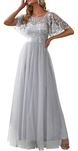 Ever-Pretty Robe de Demoiselle d'honneur Col Rond Manches Courtes Taille Empire A-Line Tulle Longue pour Soirée Bal Gala Femme Gris 56