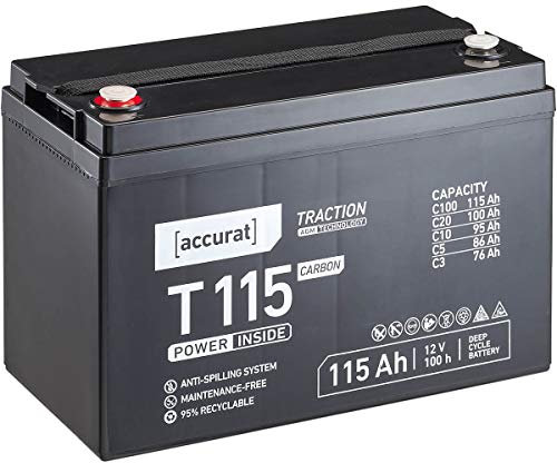 Accurat AGM Batterie T115-12V, 115Ah, zyklenfest, wartungsfrei - Traction Versorgungsbatterie, Carbon Blei Akku, Solarbatterie, Bootsbatterie für Wohnmobil, Wohnwagen, Camper, Bootsbatterie