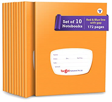 TARGET PUBLICATIONS Red and Blue Line with Gap Books | Small Four Line with Gap Books | 172 Ruled Pages | Hard Brown Cover | 15.5 cm x 19 cm Approx | Pack of 10 Notebooks | GSM 57